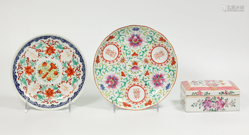 3 Chinese Enameled Porcelains; 2 Plates & Box