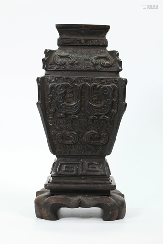 Chinese Heavy Archaistic Bronze 4 Sided Vase