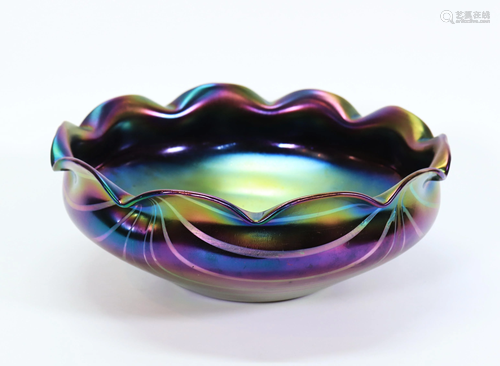 Loetz or Rindskopf Iridescent Line Glass Bowl