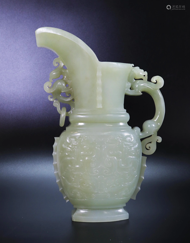 Large Chinese Archaistic Pale Celadon Jade Vessel