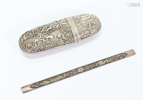 2 Chinese Silvers; Eyeglass Case, Paper Weight