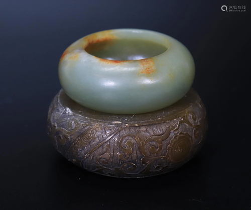 Chinese Celadon & Russet Jade Brush Washer & Stand