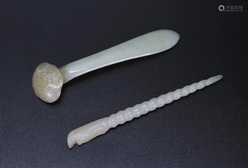 Chinese Qing White Jade Ruyi Hairpin & Hard Stone