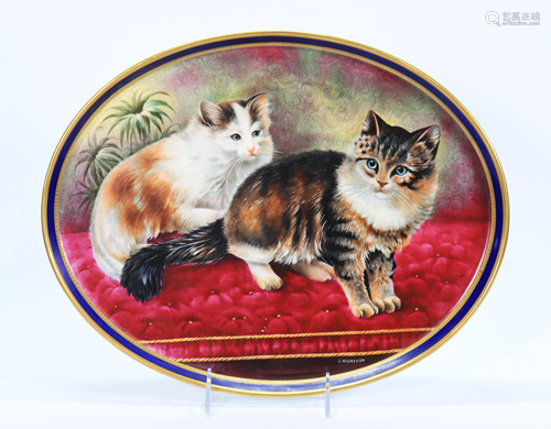 Limoges Porcelain Tray 2 Cats ca 1900 by Vigneron