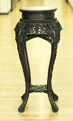 Chinese Marble Top Carved Hardwood 4 Leg Stand