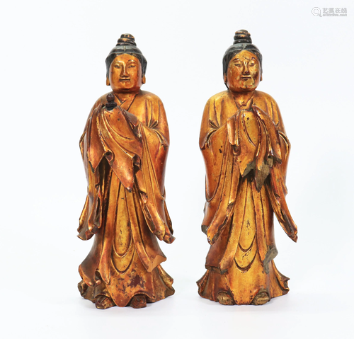 2 -Chinese Gilt Lacquered Wood Buddhist Attendants