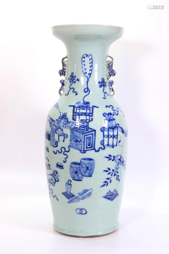 Large Chinese Blue White & Celadon Porcelain Vase