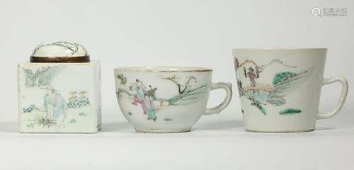 Chinese 19 C Cube Porcelain Ink Well, 2 Teacups