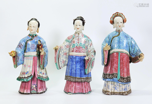 3 - Chinese Mid 19 C Enameled Porcelain Ladies