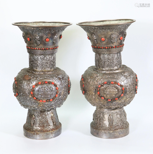 Pair Large Tibetan Silvered Bronze Altar Vases