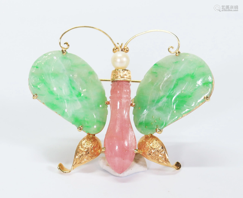 Chinese Tourmaline Jadeite 14K Gold Butterfly Pin