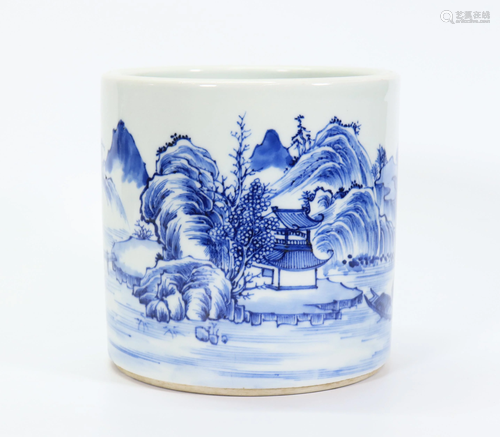 Chinese Blue & White Porcelain Landscape Brush Pot