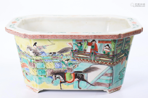 Chinese Enamel Porcelain Lady Horse Race Planter