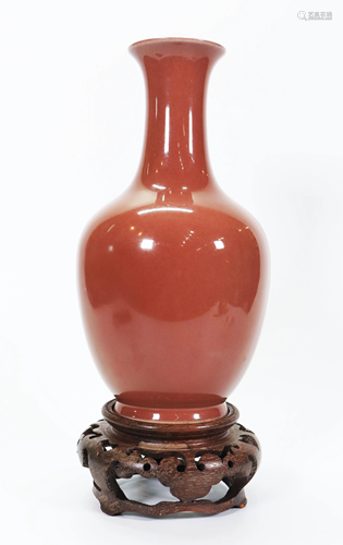 Chinese Underglaze Red Porcelain Vase & Wood Stand