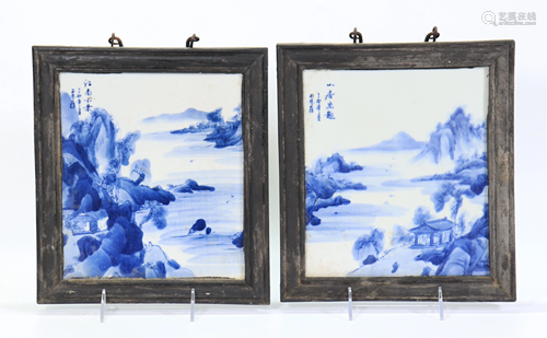 Pr Chinese Blue White Porcelain Landscape Plaques