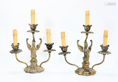 Pr American Baroque Bronzed Metal 3 Candle Lamps