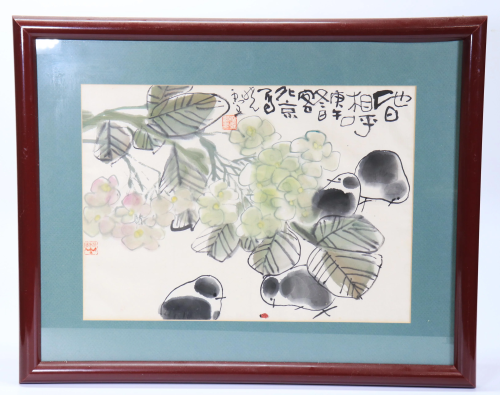 Xiao Ling; Chinese Ink Color Painting Chicks & Bug