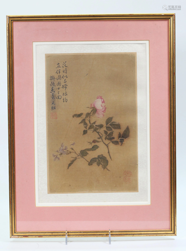 Chinese Qing Dynasty Painting on Silk of Rose