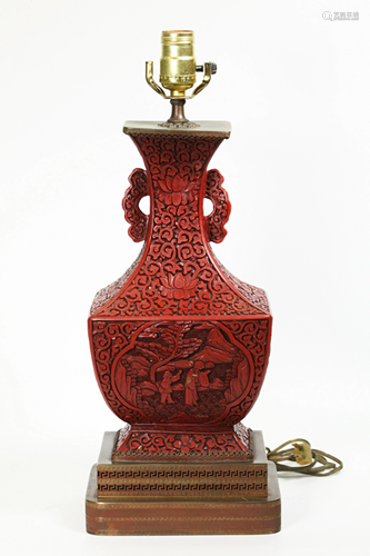 Chinese Cinnabar Red Lacquer 4 Sided 2 Handle Vase