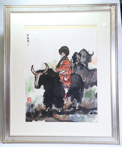 Rong Er; Chinese Ink Color Painting, Lady & Yaks