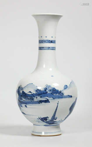 Chinese Qing Blue & White Porcelain Landscape Vase