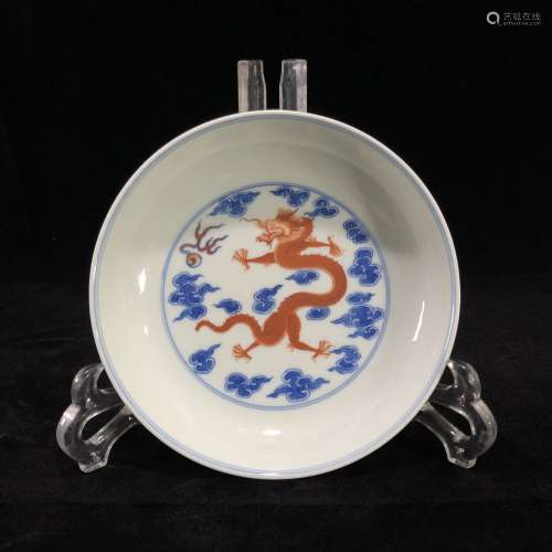 Qing blue and white red glaze porcelain plate