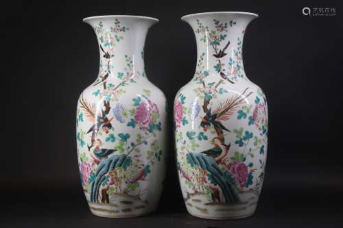 A pair of Qing style famille rose porcelain vases