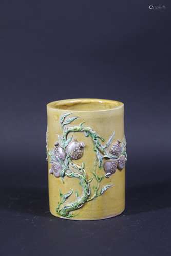 Qing style yellow ground porcelain brush pot