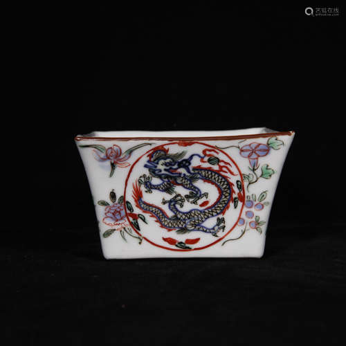 Qing kangxi style blue and white wu cai dragon pattern sqaur...