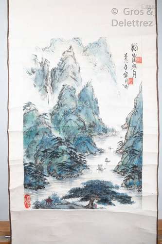 Chine, XXe siècle Peinture à l'encre et couleurs sur papier,...