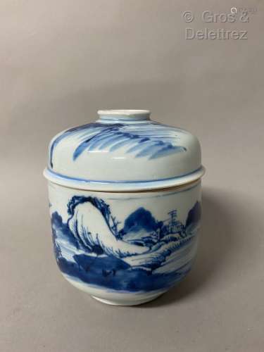 Chine. Pot couvert en porcelaine blanc et bleu à décor de pa...