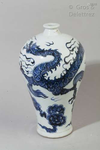 Vase Meiping en porcelaine blanc bleu à décor de dragon. Res...