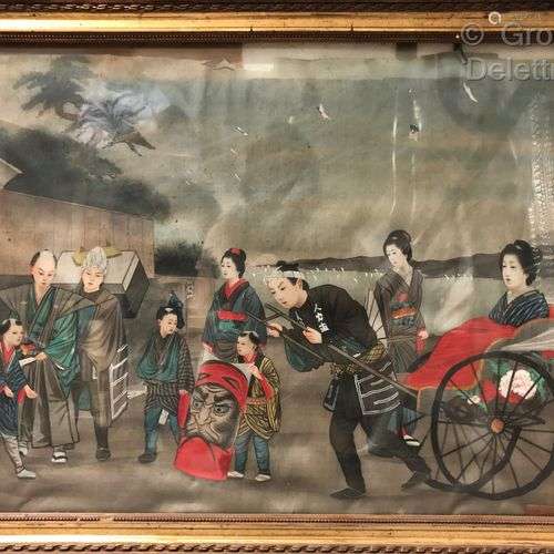 Japon vers 1880 Scène de fête devant une rivière Peinture su...