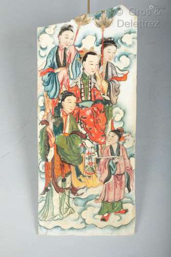 Chine, XIXe sièclePlaque en marbre à décor peint, de jeunes ...