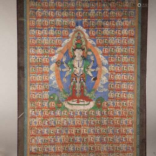Tibet, XIXe siècle Thangka à l'encre et polychormie, représe...