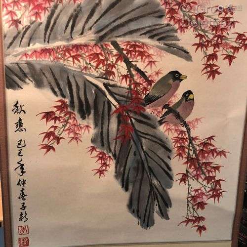 Chine Couple d'oiseaux branchés Encre sur papier 65 x 51 cm ...