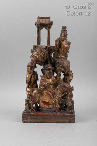 Chine, fin 19eme Sculpture en bois laqué rouge et or, divini...