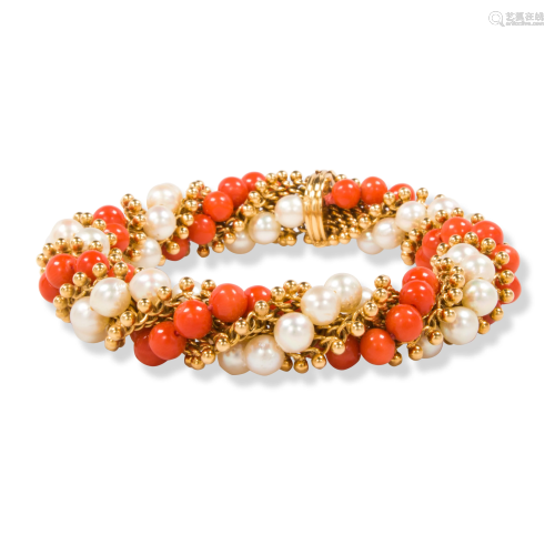 A coral and cultured pearl bracelet, 'Twist', Van Cleef