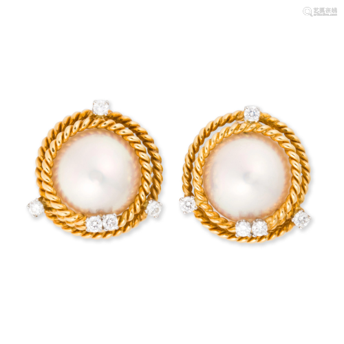 Mabe pearl, diamond and eighteen karat gold earclips,