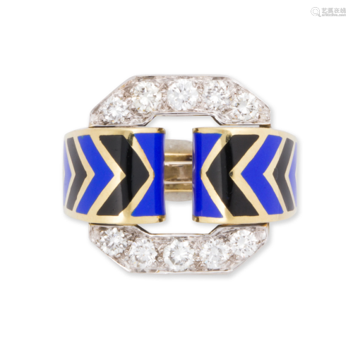 A diamond and enameled gold ring