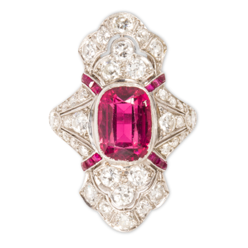 A pink tourmaline, diamond and platinum ring