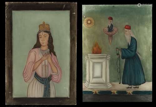 Arte Indiana Two paintings on glass with religious Parsi sub...