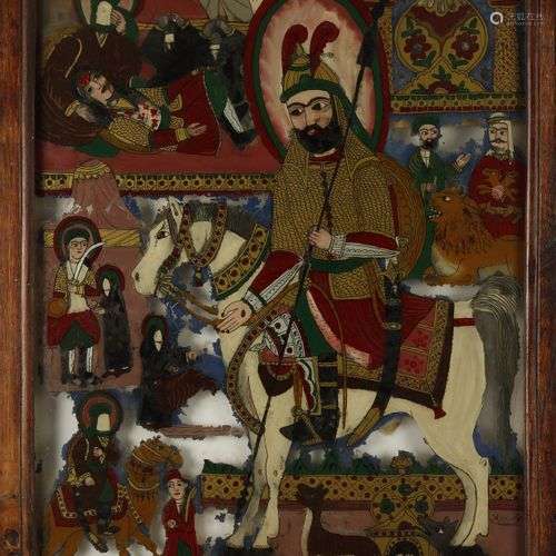 Arte Islamica A Qajar reverse mirror painting depicting a kn...