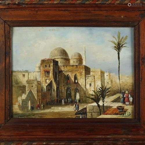 Arte Islamica Citadel with palm treesOil on board.