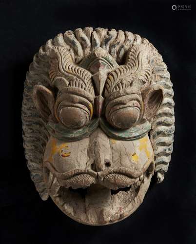 Arte Indiana A wooden head of Narasihma Southern India, Tami...