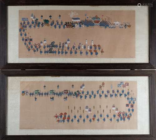 . A pair of paintings on silk depicting royal parades Korea,...