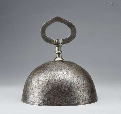 Arte Islamica An acid etched steel Qajar bell with animals, ...