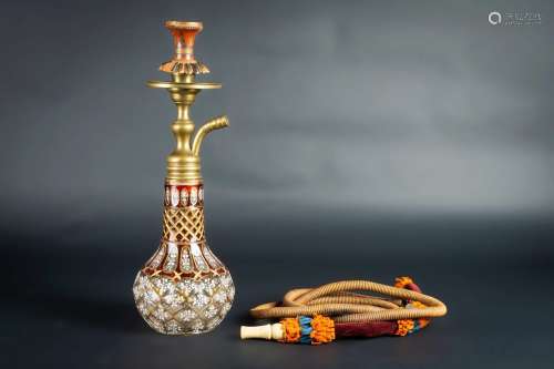Arte Islamica A Bohemian glass water pipe with metal and top...
