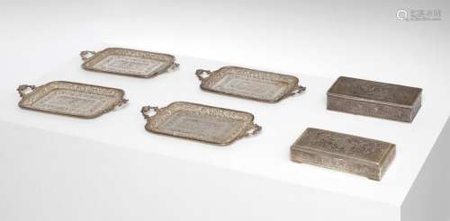 Arte Islamica A group of four silver trays and two boxes Ira...