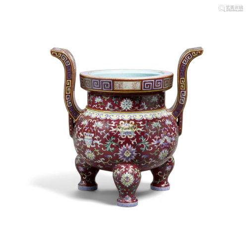 A famille rose ruby ground tripod censer Jiaqing